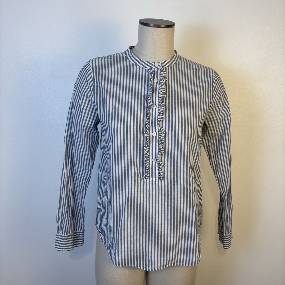J Crew Womens S Blue and White Striped Ruffle-front Popover shirt Blouse Top